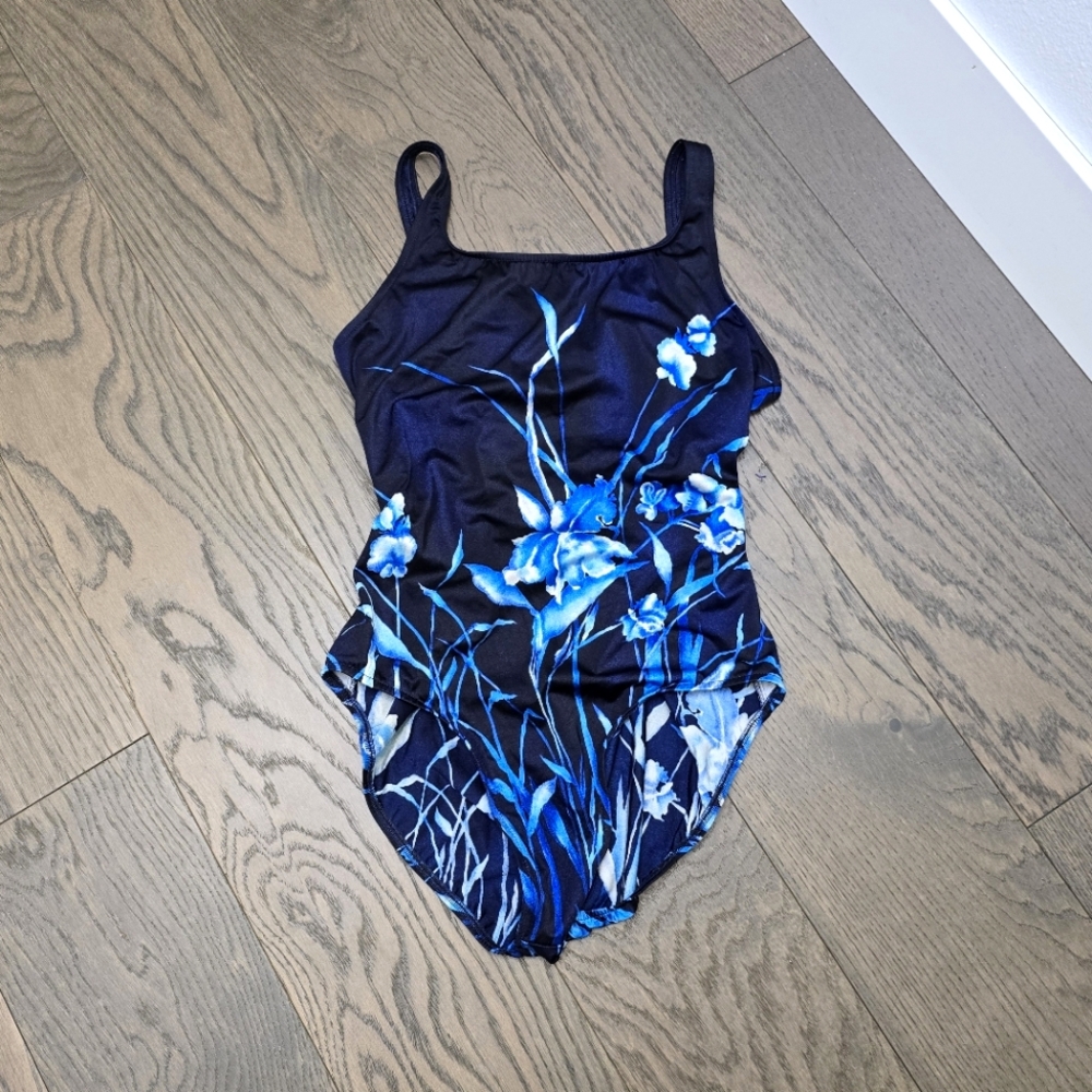 Jantzen Vintage 80s Orchid Floral Swimsuit in Midnight Navy